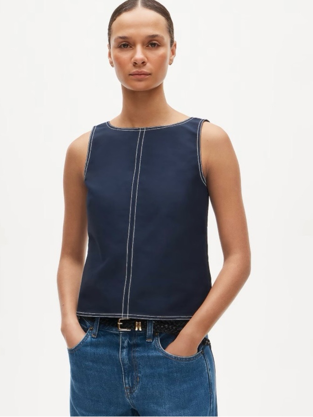 NWT J. Crew Contrast-stitch Shell Top Double Cotton Poplin Navy Blue